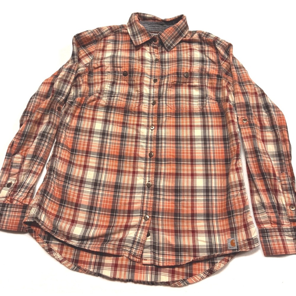 Carhartt Womens Plaid Button Down Shirt Orange Brown Cotton Roll Tab Small 4/6